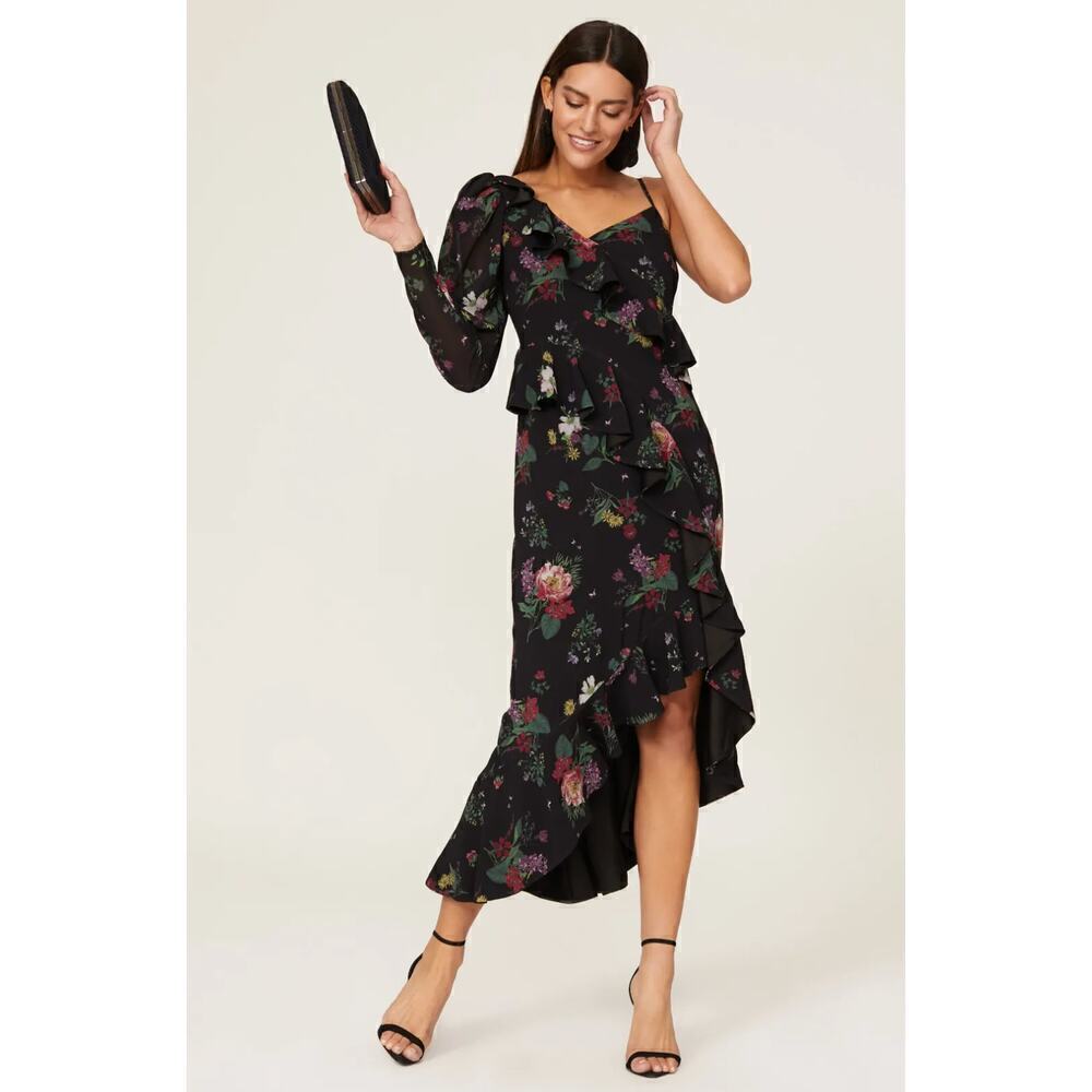 B51‎ AMUR Pasqualena One Shoulder Dress 6 Black Floral Ruffle High Low Wedding